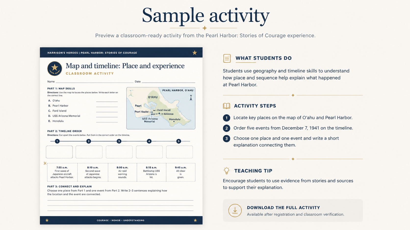 Preview of a Pearl Harbor map and timeline classroom worksheet with teacher guidance